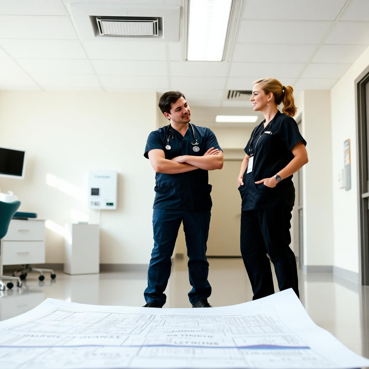 Veterinary professionals reviewing clinic blueprints